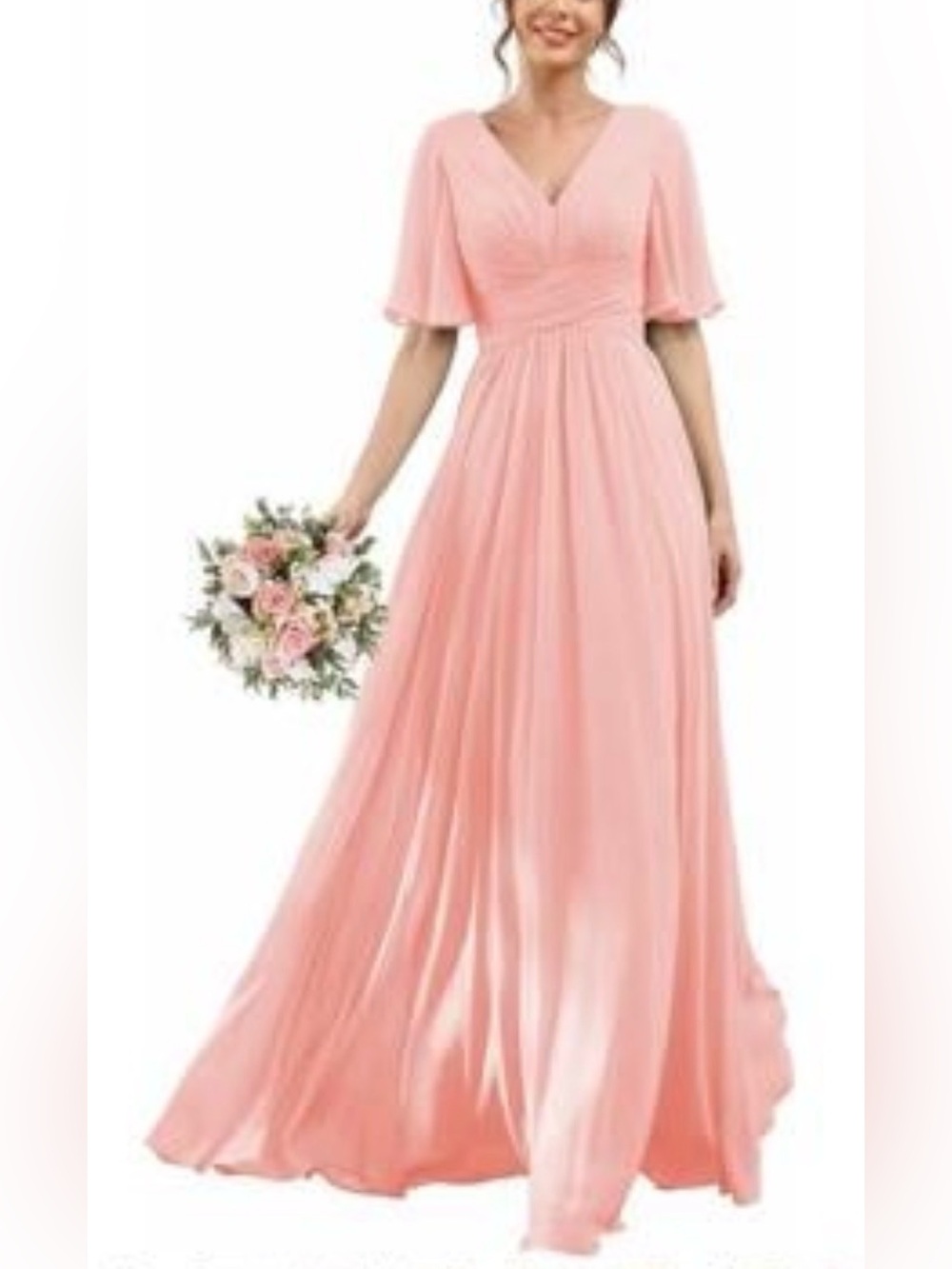 Elegant Pink V-Neck Chiffon Maxi Dress Bridesmaid Wedding Size 8 NWT